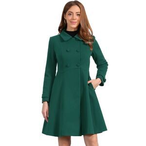Winter Overcoat Lapel Collar Swing Double Breasted Long Coat Dark Green